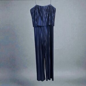 Amanda Uprichard Collina Navy Blue Sateen Strapless Plisse Jumpsuit Women Sz XL